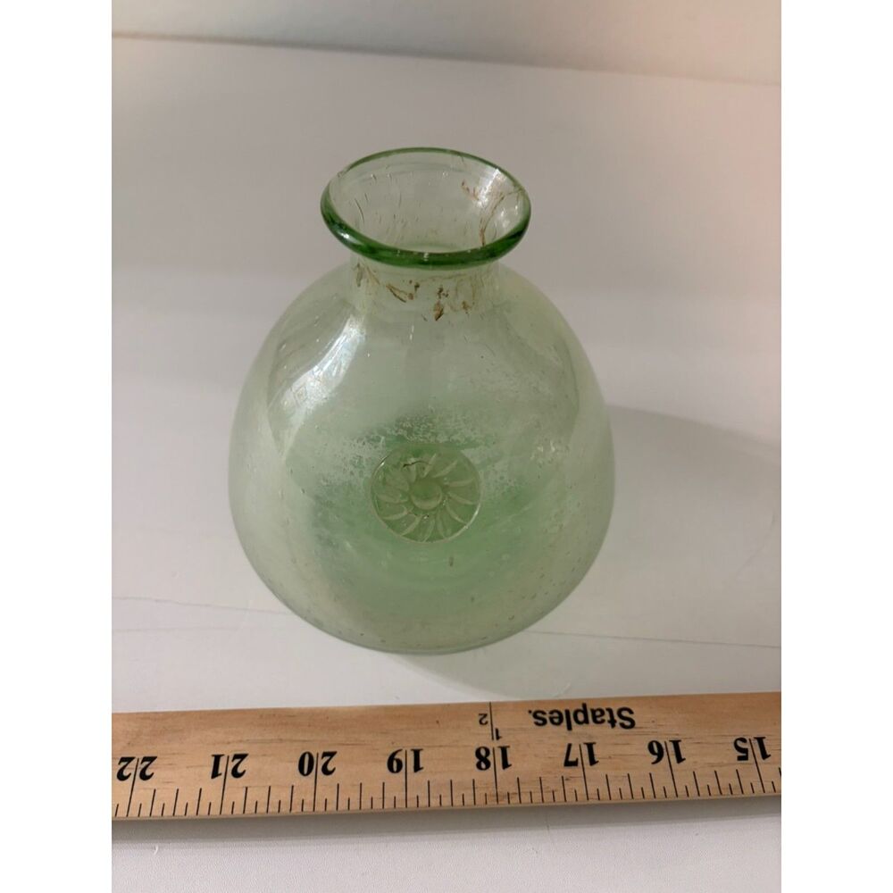 Hand blown green bubble glass vase with applied medallion